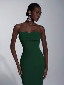 Chic Dark Green Knitted Fabric Bridesmaid Dress Strapless Sleeveless Maxi Mermaid Style Elegant Plain - Dark Green - View 3