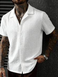 HIMLAND 男士纹理前开襟短袖衬衫，春夏款 - 白色 - 查看 3