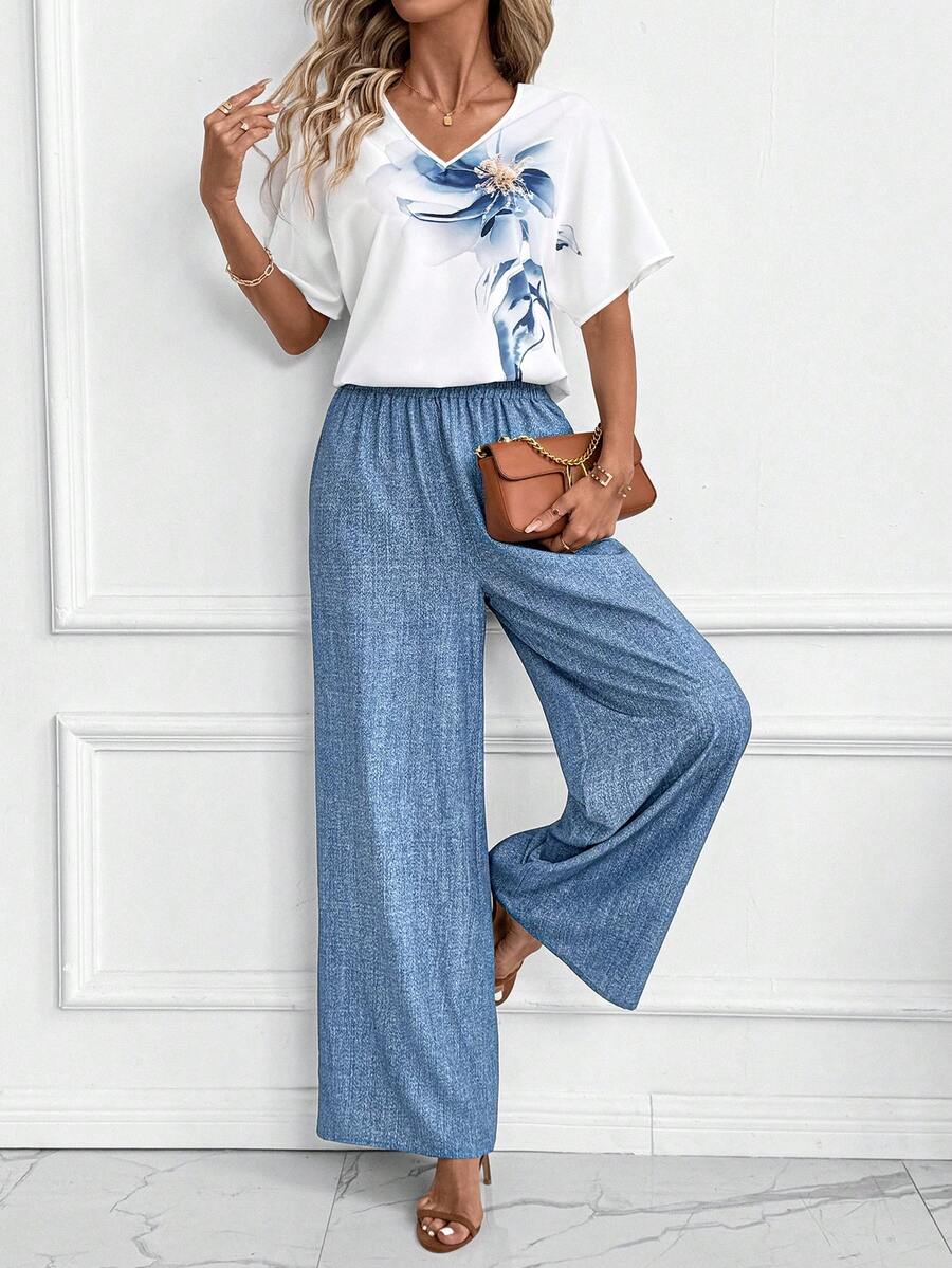 SHEIN Clasi Women's Elegant V-Neck Blouse & Wide Leg Pants Leaf Print 2 Pieces Set - Blue - View 1