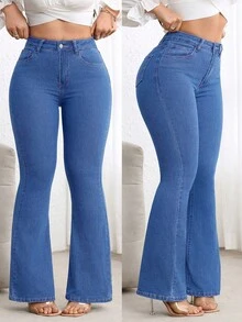 SHEIN CURVE+ Plus Size Women Blue Denim Elastic Sexy Fitted Flare Pants, Cowgirl/Rodeo - Medium Wash - View 1