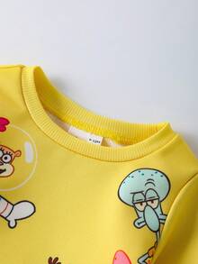 SpongeBob SquarePants | SHEIN 2pcs Baby Boy Cartoon Pattern Cute Yellow Casual Long Sleeve Crew Neck Sweatshirt And Pants Set - Yellow - View 3
