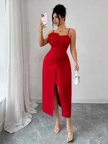 Rafferiza Women's Elegant Red Summer Banquet Dress,Halter Neck Fitted Waist With 3D Floral Embellishments,Midi Curve Party Dress For Bridesmaid,Guest & Date - Red - View 6