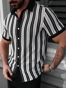 Manfinity CasualCool 男士条纹短袖单排扣休闲/商务衬衫 - 黑與白 - 查看 5