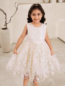 SHEIN Glamorique Kids 女童公主裙，杏色，刺绣网纱裙摆，无袖，蝴蝶结装饰，优雅，适合婚礼、派对、舞会、舞台表演，四季皆宜 - 杏色 - 查看 6