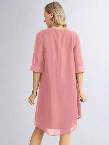 Miaspire Đầm voan màu trơn thanh lịch dài ngang gối dành cho nữ, đầm dáng rộng mùa xuân/hè, đầm xếp lớp, đầm màu trơn, đầm bất đối xứng, trang phục thường ngày cho nữ mùa xuân hè. - Bụi hồng - Xem 2