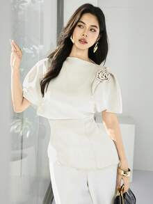 Heiryn Elegant Commuter 3D Floral Asymmetric Hem Women Shirt - Apricot - View 5