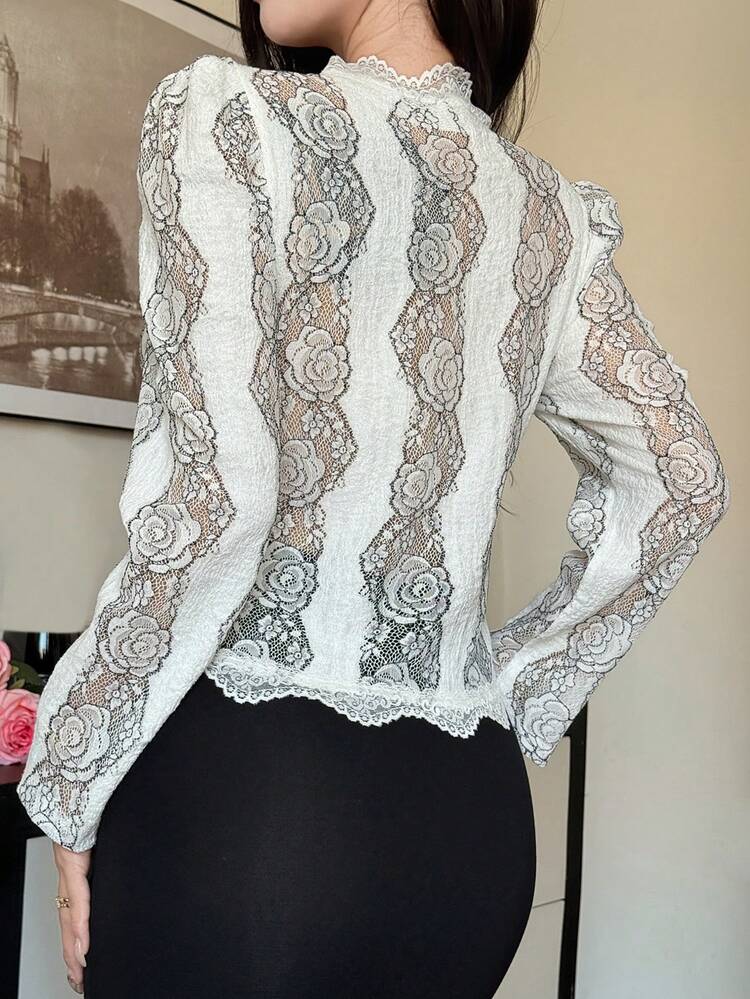 Women's Lace Floral Patchwork Cropped Puff Sleeve Elegant Party Blouse, Spring/Autumn Long Sleeve
