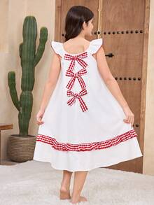 Tween Girls' Plaid Patchwork Cap Sleeve Casual Loose Daily Wear & Sleepwear Dress - Red and White - View 2