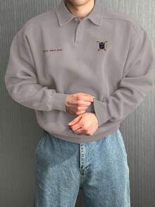DAZY Men's Thermal Lined Washed Gray Letter Embroidery Design Polo Collar Street Style Pullover Pullover Sweatshirt, Autumn/Winter - Light Grey - View 5