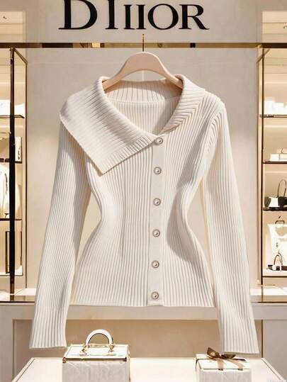 Franclia Women's Elegant Fashion Simple Versatile Turtleneck Sweater, Oversized Collar, Fitted Ribbed Pearl Button Pullover, Autumn Ribbed Cardigan Sweater Women Ribbed Sweater White Button Down Sweater Collared Ribbed Knit Top Pearl Button Cardigan Fall Winter Cloth For Women