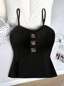 Girls' Knitted Sleeveless Vest,Black Autumn Elegant Party Corset Tops For Teens,Handmade Metal Buckle Twist Cord Ribbed Design Adjustable Camisole - Black - View 1