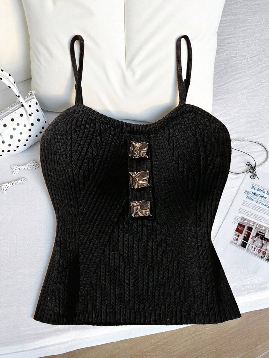 Girls' Knitted Sleeveless Vest,Black Autumn Elegant Party Corset Tops For Teens,Handmade Metal Buckle Twist Cord Ribbed Design Adjustable Camisole - Black - View 1