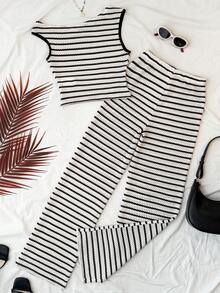 Teen Girls' Fashion Casual Asymmetric Striped Texture Black White Apricot Striped Cropped Off-Shoulder T-Shirt And Pants 2-Piece Set - Black and White - View 2