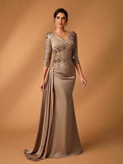 Serin Elegant Luxurious Embroidered Lace Patchwork Elastic Satin Ruched Sheer Long Sleeve Mermaid Dress With Applique Design, Suitable For Wedding, Party, Vacation, Prom, Mother Of The Bride Evening Gown Mother Of Bride Dress Champagne Mother Of Bride Dress Elegant Evening Dress Mother Of Groom Dress Evening Dress Elegant