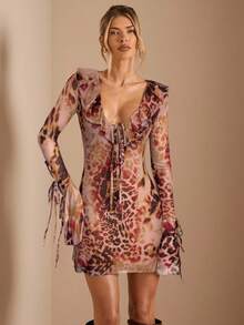 SHEIN BAE 女士时尚豹纹荷叶边喇叭袖连衣裙，秋季 - 紅色 - 查看 5