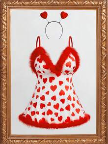 3pcs Plus Size Milk Silk Patchwork Lingerie Set, Valentine's Day - Red and White - View 6