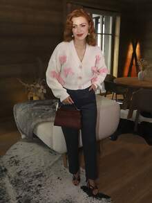 Gretanique Damen Himekaji rosa dreidimensionale Schleife Accessoires süße minimalistische sexy Strickjacke, Langarm Oberteile - Aprikosenfarben - Übersicht 1