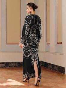 Anewsta Áo choàng Kaftan cao cấp màu đen thanh lịch, thắt eo, thêu chỉ vàng và đính cườm thủ công. - màu đen - Xem 3