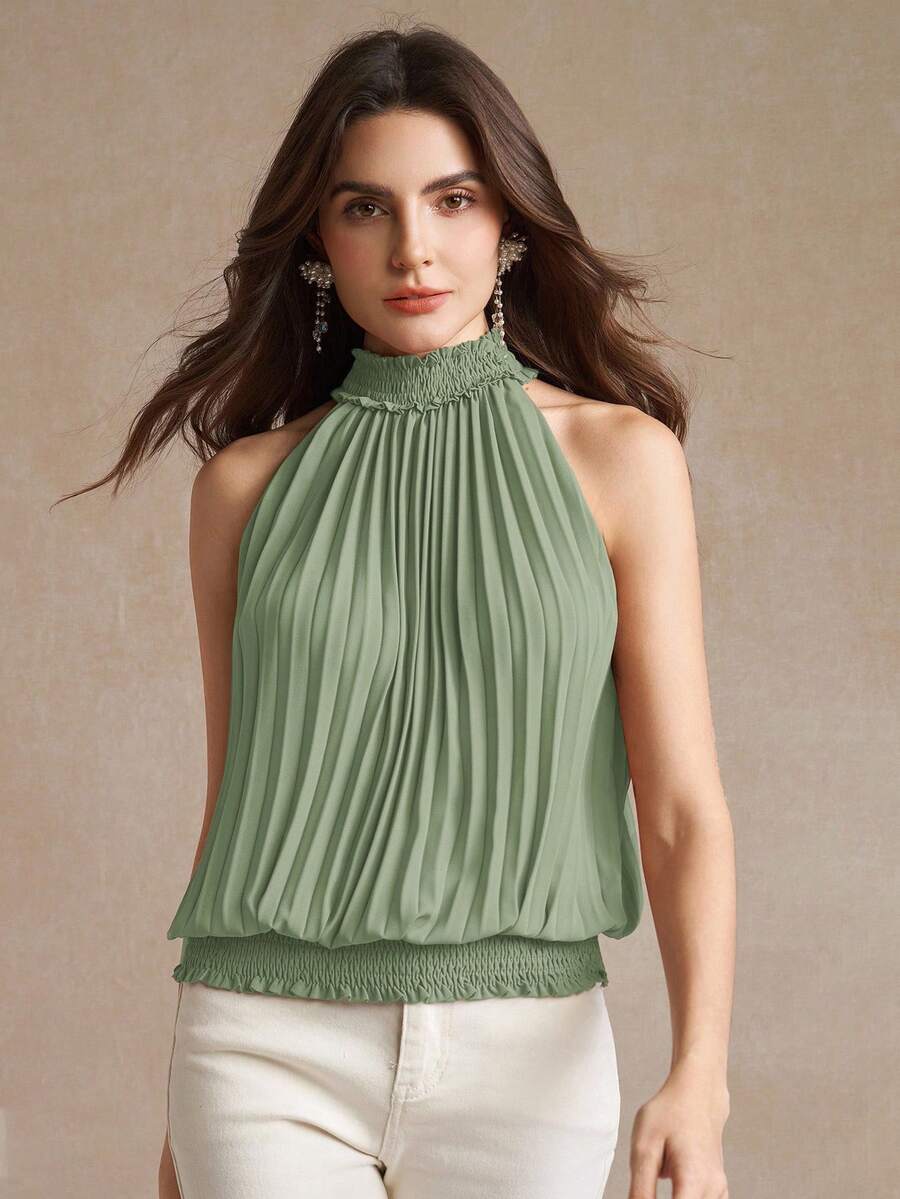 Amorya Women's Solid Color Pleated Sleeveless Elegant Blouse, Summer - Mint Green - View 1