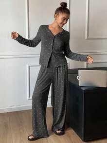 DAZY 2pcs Women Polka Dot Print Fitted Cardigan Long Sleeve And Pants Pajama Set - Dark Grey - View 5