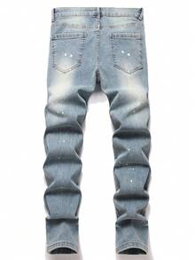 Manfinity Roughcore Men's Distressed Ripped Jeans Light Blue Autumn Streetwear Festival Slant Pocket Color Block Cotton Splash Ink Embroidered Casual Versatile Denim - Light Wash - View 2