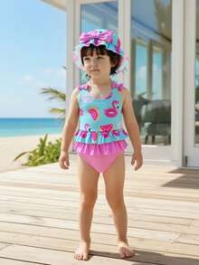 Baby Girls Flamingo Print Swimsuit Set With Ruffled Trim, Cute For Swimming & Vacation, With Hat - Multicolor - View 3