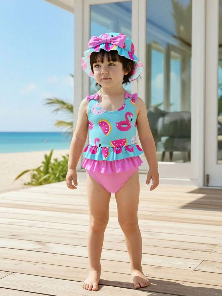 Conjunto de traje de baño para bebé niña con estampado de flamenco y volantes, lindo para nadar y vacaciones, con sombrero - Multicolor - Ver 1