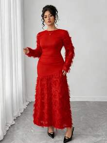 Elenzga Plus Size Women Elegant Patchwork Embroidered 3D Floral Dress, Autumn/Winter - Red - View 5