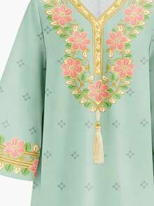 SHEIN 薄荷绿，少女休闲舒适优雅花卉图案仿金属丝带印花流苏V领宽松长袖连衣裙，适合春夏日常穿着、节日庆典，花卉儿童长裙 - 白色 - 查看 6