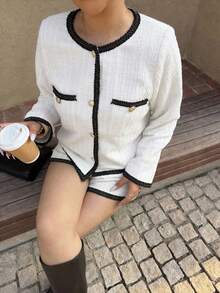 Dripcurv 大码女式秋冬黑色长袖外套和短裤两件套，撞色滚边，优雅都市通勤风格，适合新年穿着。 - 白色 - 查看 4