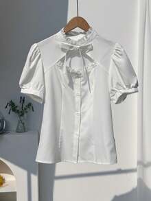 Teen Girls Delicate Style White Bowknot Hollow Out Blouse, Suitable For Campus, Commute, Party, Casual Daily Wear, Versatile Chic Top - White - View 4