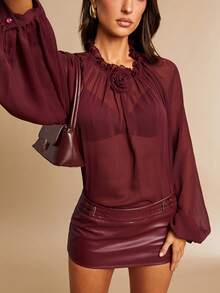 Silquee This Women's Red Long-Sleeved, Loose-Fitting, Pleated Sheer Blouse Features 3D Floral Embellishments And A Delicate, Elegant Design. A Charming And Sexy Piece, This Blouse Is Suitable For Various Occasions, Including Valentine's Day, Work, Vacations, Beach Getaways, Social Events, Dates, Gatherings With Friends, And Shopping. Curvy Blouses - Burgundy - View 4