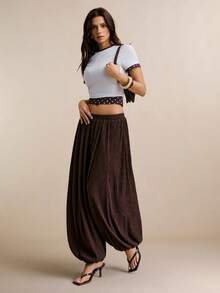 Poéselle 女士休闲日常通勤简约纯色褶裥锥形裤 - 棕色 - 查看 7