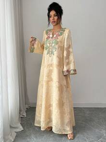 Yasmyna Women's Chiffon Jacquard Loose Long Sleeve Elegant Romantic Turkish Arabian Dress - Yellow - View 4