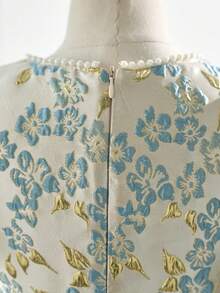 SHEIN Đầm dệt jacquard tay phồng trang trí nơ thanh lịch dành cho bé gái tuổi teen - Màu xanh lam - Xem 14