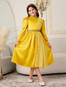 Tween Girls' Middle Eastern Arabic Princess Party Dress, Luxurious Elegant Golden Glitter & Metallic Ribbon Decor - Yellow - View 8
