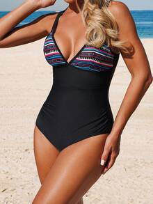 Swim Lushoire 2026 Women Summer Beach Casual Holiday Geometric Retro Print V-Neck Fitted Stylish Mature Sexy One-Piece Swimsuit - Black - View 5