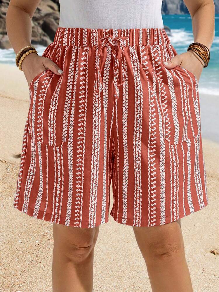 Plus Size Summer All-Over Print Twist Pocket Shorts Red Striped Shorts