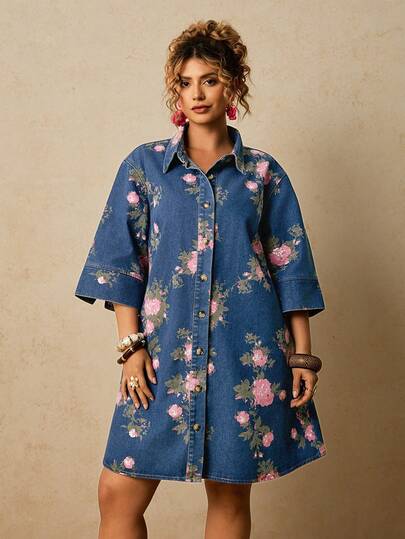 Travachic Plus Size Floral Print Front Button Casual Versatile Denim Dress