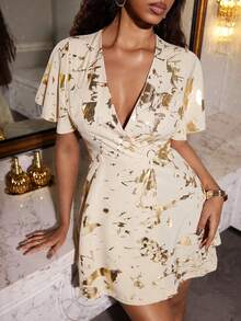 Eryvara Elegant Elastic Waist Cinched Waist Apricot & Gold Crossover Button Front Ruffle Hem Butterfly Sleeve Front Slit Hem Cropped Dress For Women - Apricot - View 3
