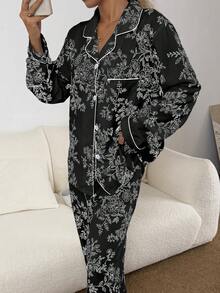 CottageSlumber 女士泡泡褶皱花卉印花长袖睡衣套装 - 黑色 - 查看 6