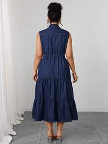 Elenzga Đầm denim không co giãn màu xanh navy thanh lịch và thoải mái dành cho nữ cỡ lớn - Rửa tối - Xem 2