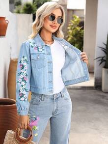 EMERY ROSE Women's Floral Embroidered Long Sleeve Single-Breasted Casual Denim Jacket - Light Wash - View 7