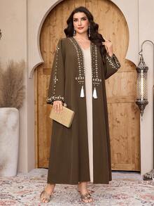 Al Najma Abaya élégante à broderie géométrique pour femmes grandes tailles - Marron - Voir 6