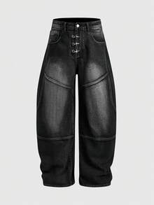 ROMWE MEN Street Life 男士翅膀印花做旧直筒牛仔裤 - 黑色 - 查看 9