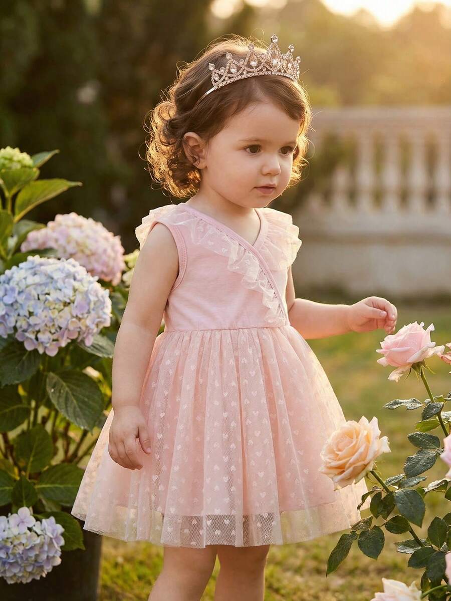 SHEIN Bộ váy cho bé gái 6 tháng-3 tuổi, 2 món đồ mặc hàng ngày dễ thương và thoải mái, kiểu dáng mùa xuân, váy công chúa màu hồng không tay phồng. - Hồng - Xem 1