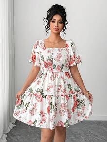 SHEIN PETITE CURVE Plus Size Floral Print Ruffle Sleeve Short Swing Dress Floral Dress Women Elegant Short Sleeve Summer Dress - White - View 3