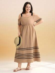 Momelise Plus Size Women's Elegant Summer Dress,Black Color Block Panel Off-Shoulder Short Sleeve,Smart Casual,Everyday Earth Tone Modest Party Long Dress - Khaki - View 4