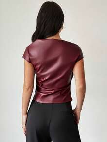 Firerie Women's Elegant Burgundy Polyurethane Batwing Cap Sleeve Ruched Asymmetrical Neck Regular Top - Burgundy - View 3