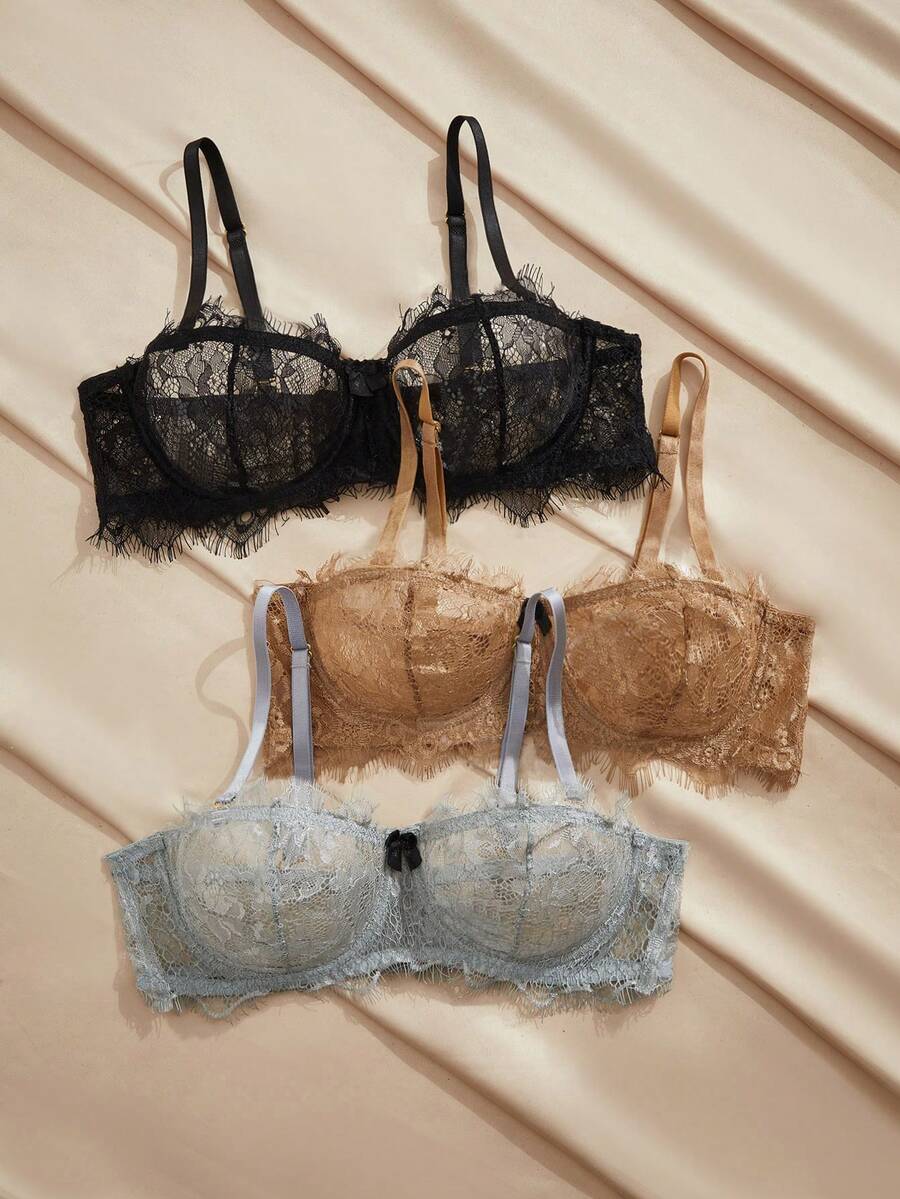 Charlaine 3件套女士蕾丝拼接可调节肩带舒适日常文胸 - 彩色 - 查看 1